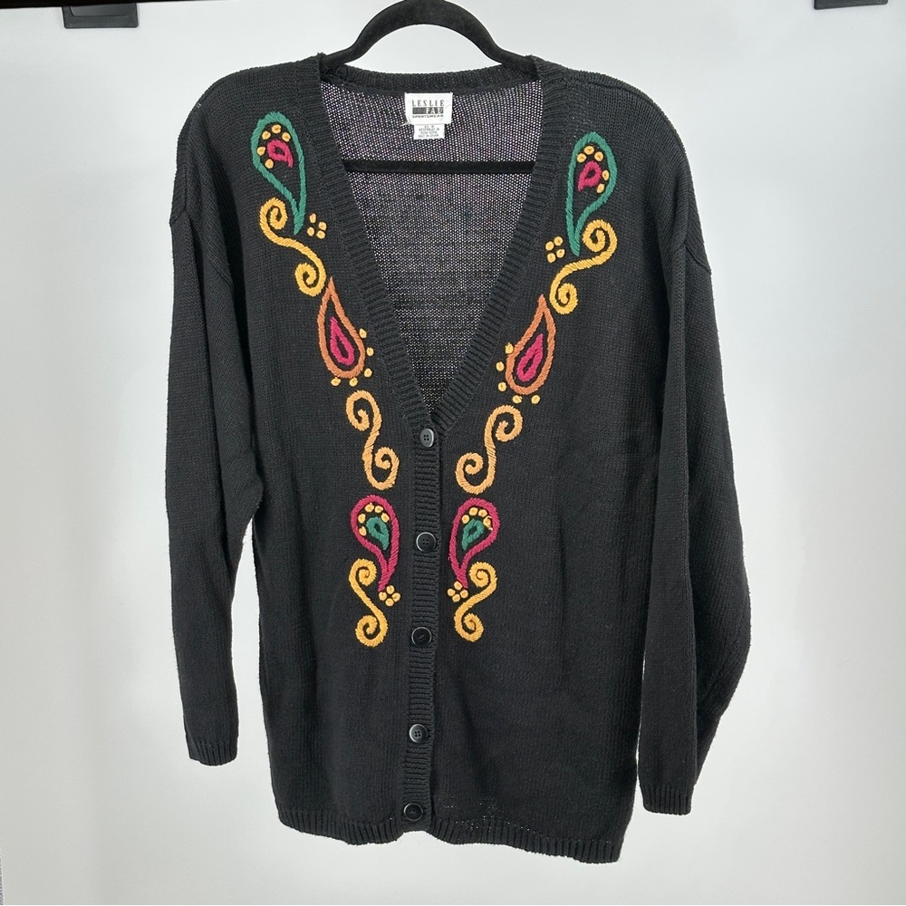 Leslie Fay Black Women’s Medium Cardigan with Vibrant Embroidery Vintage Cotton